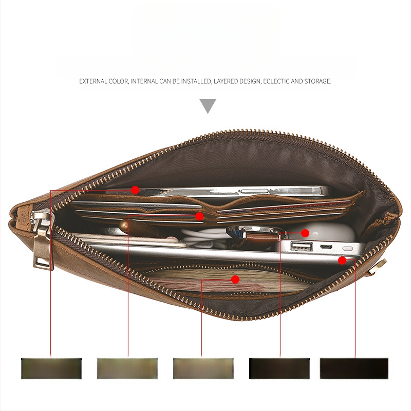 Verslo retro rankinė iš tikros odos su RFID apsauga ir anti-magnetiniu paviršiumi; užtraukties uždarymas; vidinė struktūra: užtrauktinės kišenė, ID kišenė ir kortelių kišenės