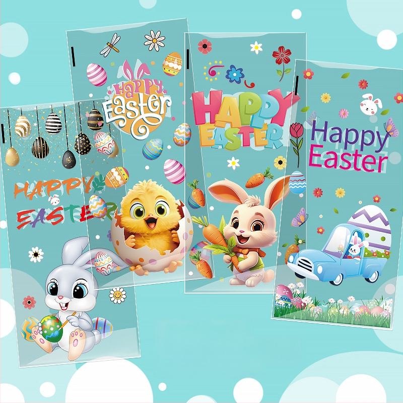 Velykų OPP plokščiojo kišeninio maišelio su triušio ir kiaušinių ornamentu, skirtas sausainių ir saldumynų įpakavimui; plastikas, be logotipo, plokščio peilio pjovimas; Yiwu kunfa prekinis ženklas