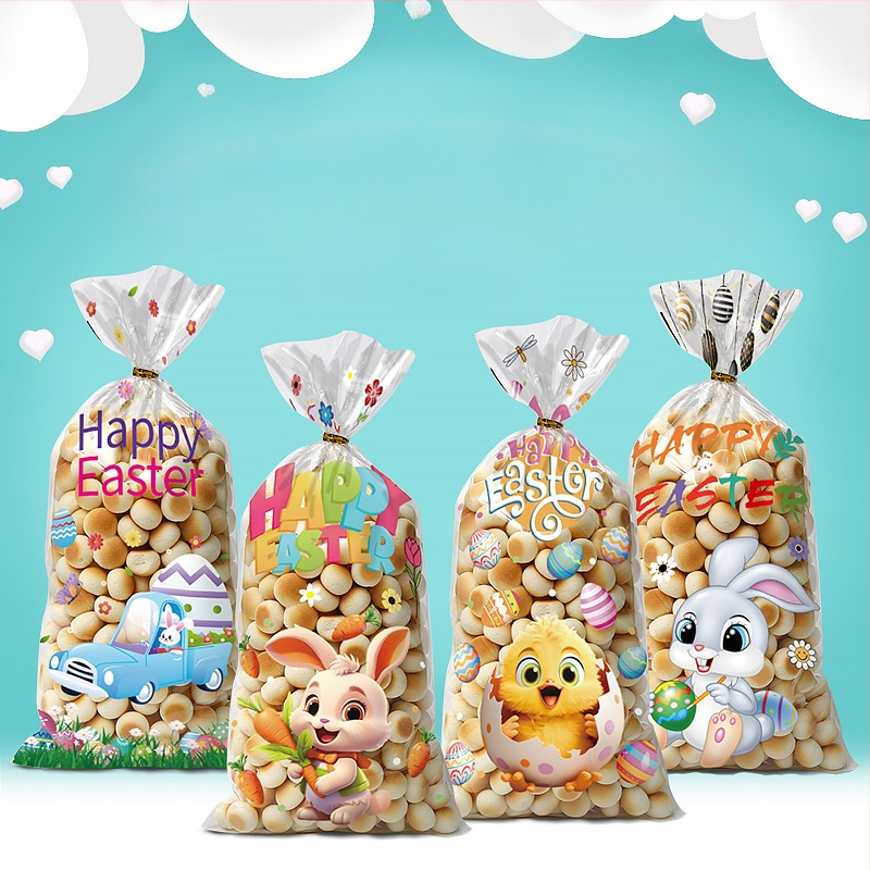 Velykų OPP plokščiojo kišeninio maišelio su triušio ir kiaušinių ornamentu, skirtas sausainių ir saldumynų įpakavimui; plastikas, be logotipo, plokščio peilio pjovimas; Yiwu kunfa prekinis ženklas