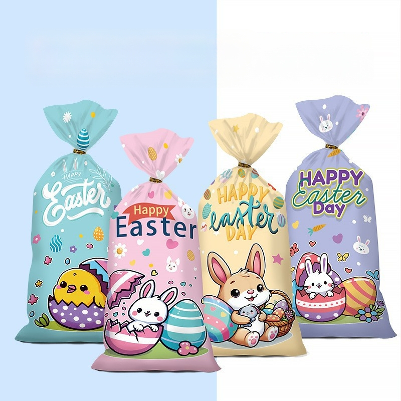 Velykų OPP plokščiojo kišeninio maišelio su triušio ir kiaušinių ornamentu, skirtas sausainių ir saldumynų įpakavimui; plastikas, be logotipo, plokščio peilio pjovimas; Yiwu kunfa prekinis ženklas