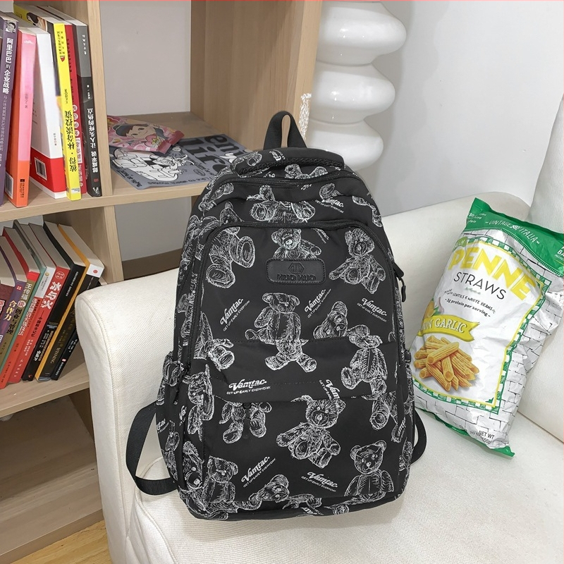 Σακίδιο γυμνασίου με εκτύπωση αρκούδας — νάιλον σώμα, επένδυση πολυεστέρα, καμπύλες ιμάντες ώμου