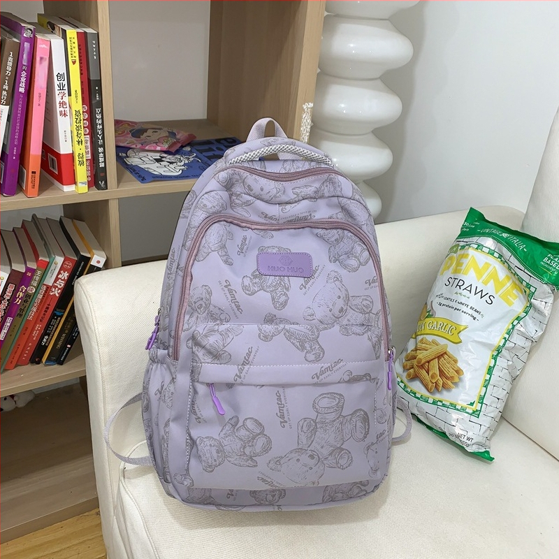 Σακίδιο γυμνασίου με εκτύπωση αρκούδας — νάιλον σώμα, επένδυση πολυεστέρα, καμπύλες ιμάντες ώμου