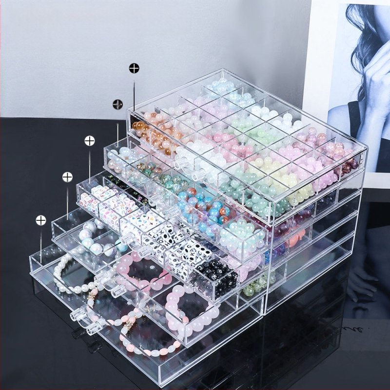 Atvilktņu tipa krellīšu uzglabāšanas kārba ar vairākām nodalēmām — plastmasas konstrukcija, juvelierizstrādājumu iepakojums