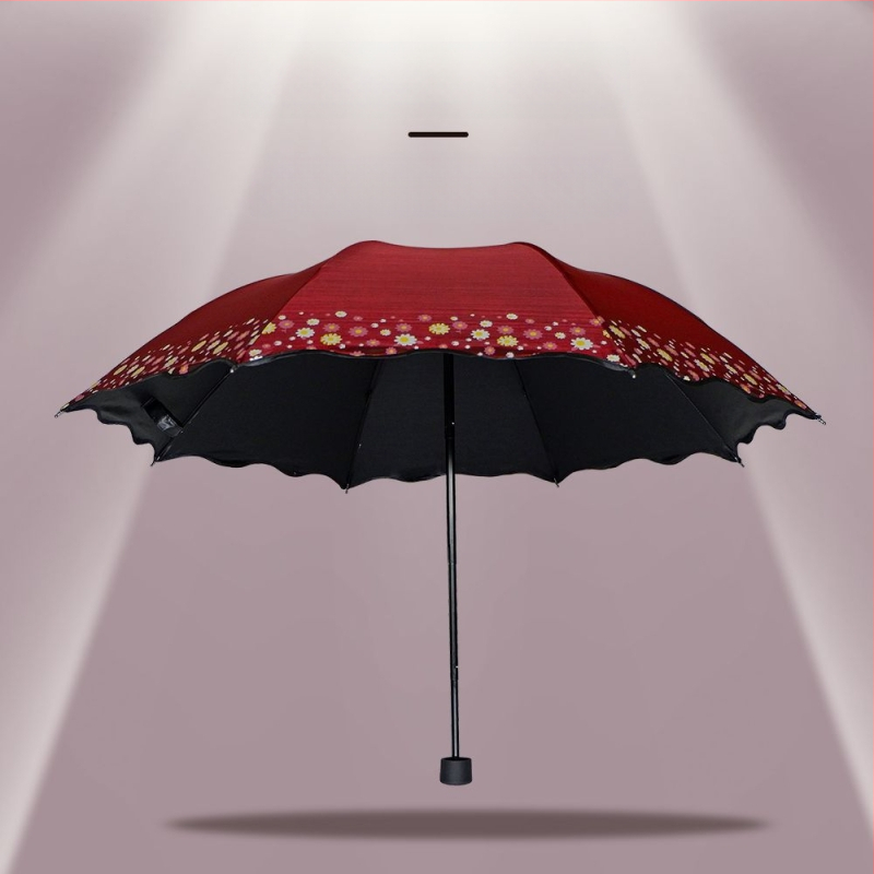 Trīsdaļīgs lietussargs ar satīna 190T audumu, tērauda ribas un stienis, plastmasas rokturis, UV aizsardzība UPF > 50