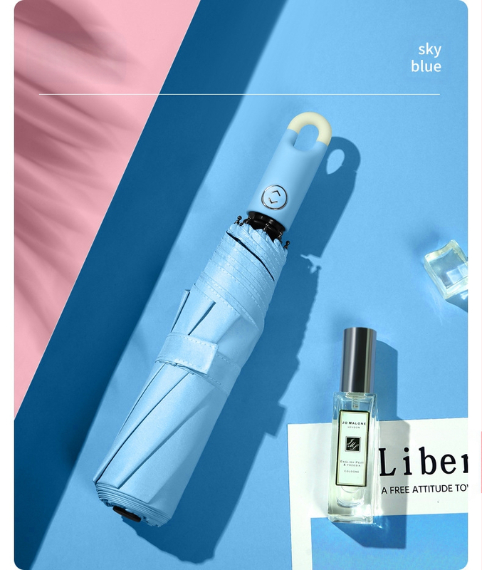 Trīsdaļīgs saliekamais saules lietussargs ar aizslēgu un pusautomātisku atvēršanu, 8 ribas no šķiedras, 190T audums, UV aizsardzība UPF>50