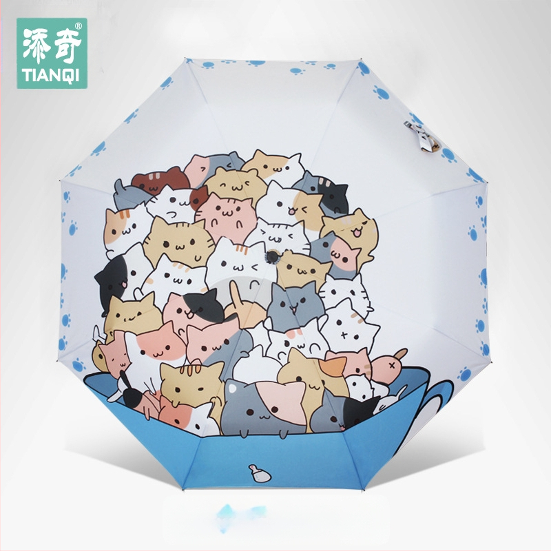 Katės karikatūrinis saulės skėtis - 3 dalių, rankinis atidarymas, 8 plienos stiebai, 190T audinys, UPF 40+