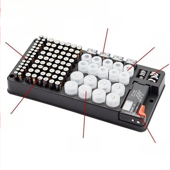 Кутия за съхранение на батерии с капак, 116 отделения, за батерийни клетки No.1, No.2, No.5, No.7 и 9V