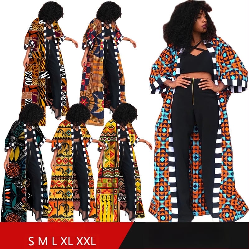 LG001 Sieviešu afrikāņu etniskā stila kimono stila jaka, gara, drukāts ģeometrisks raksts, plāna, brīvi pieguļoša, raglānu piedurknes, bez apkakles, poliester-spandeks