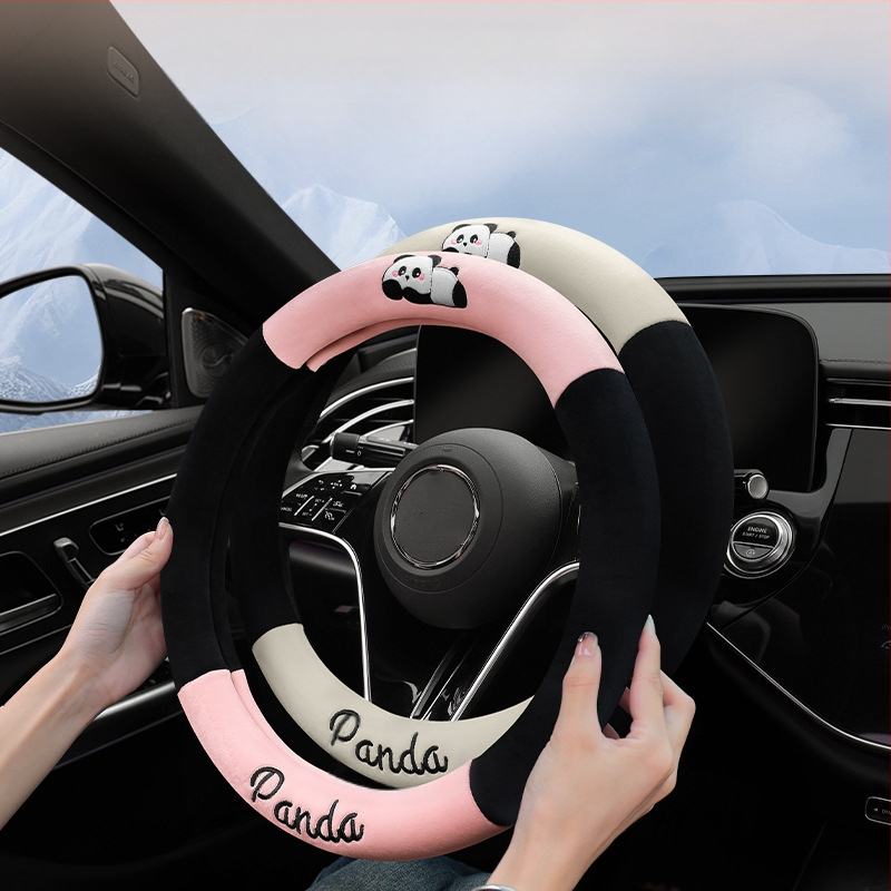 Automobilio vairas dangtelis - universalus; dirbtinis pliušas audinys; panda dizainas; žiemai; neslidus