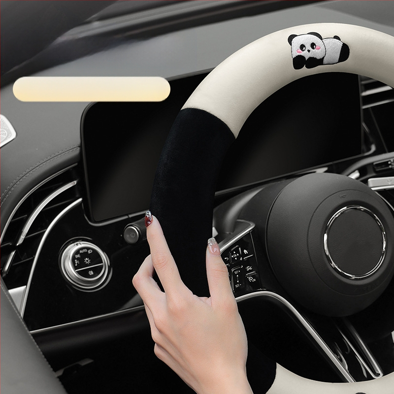 Automobilio vairas dangtelis - universalus; dirbtinis pliušas audinys; panda dizainas; žiemai; neslidus