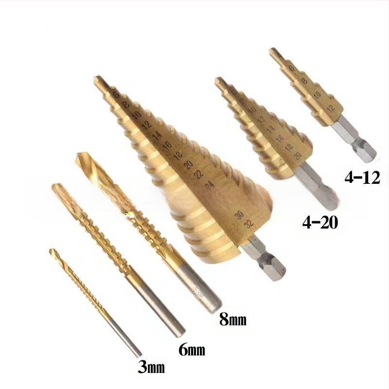 Asahi 6-частен комплект стъпкови свредла за дърво с триъгълна дръжка, пагодни свредла и канавкови свредла