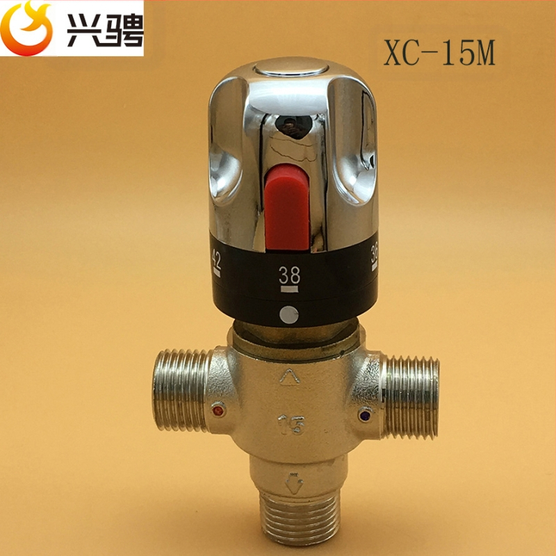 XC-02 термостатичен смесителен клапан с меден корпус, SMA паметна сплав, DN15, 0.03–1 MPa, подходящ за слънчеви, електрически и газови бойлери.