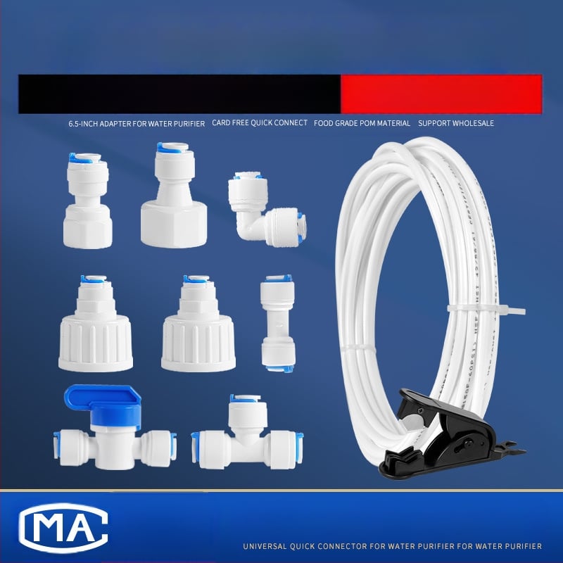 Vandens valymo jungtis vamzdžių filtracijai – maisto kokybės POM, 2 PE vamzdeliai, tinkama ledų gamintojui, kavos aparatėlei ir karšto vandens šildytuvui