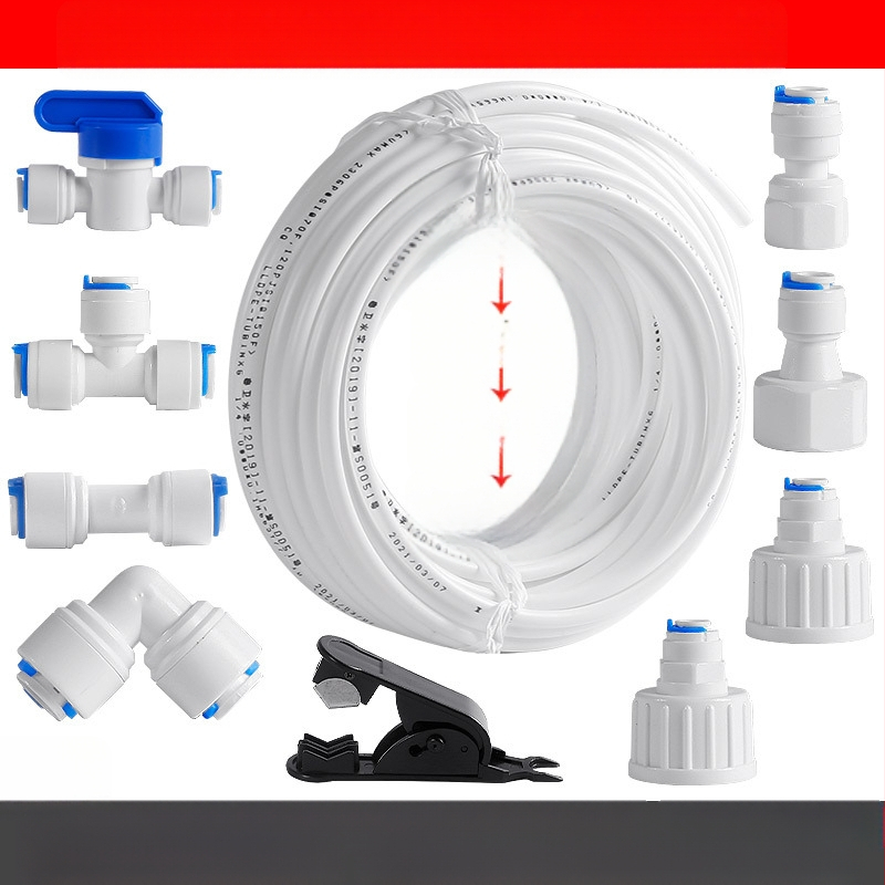 Vandens valymo jungtis vamzdžių filtracijai – maisto kokybės POM, 2 PE vamzdeliai, tinkama ledų gamintojui, kavos aparatėlei ir karšto vandens šildytuvui