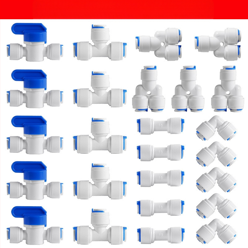 Vandens valymo jungtis vamzdžių filtracijai – maisto kokybės POM, 2 PE vamzdeliai, tinkama ledų gamintojui, kavos aparatėlei ir karšto vandens šildytuvui