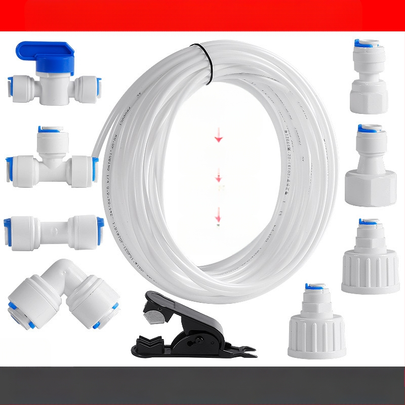 Vandens valymo jungtis vamzdžių filtracijai – maisto kokybės POM, 2 PE vamzdeliai, tinkama ledų gamintojui, kavos aparatėlei ir karšto vandens šildytuvui