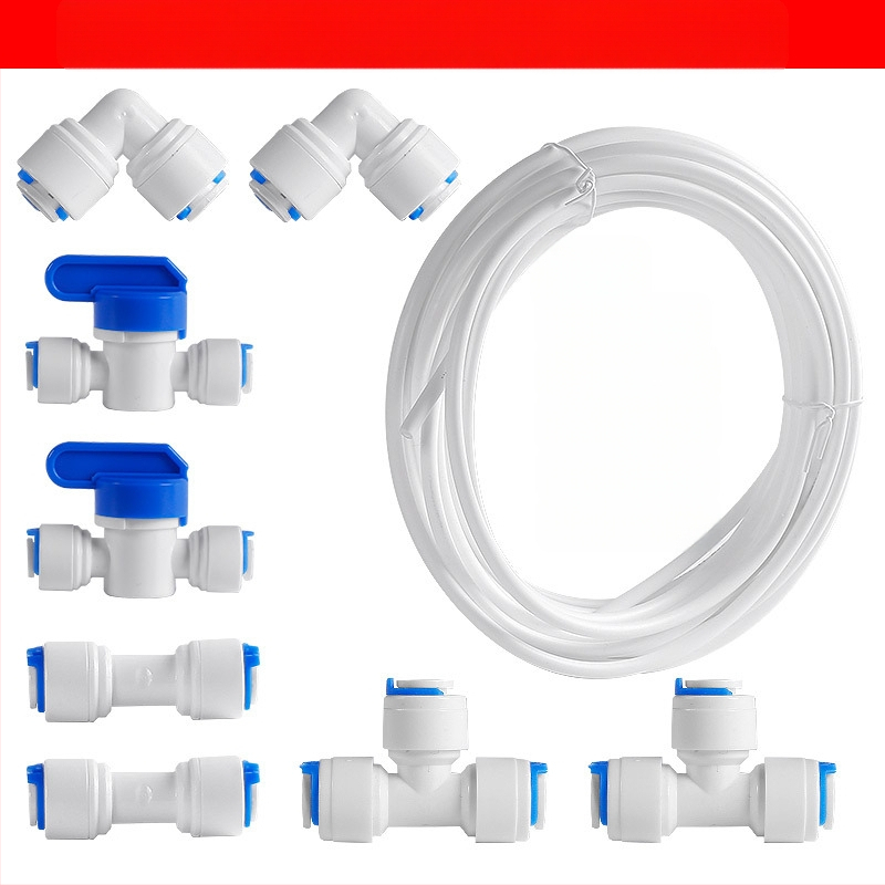 Vandens valymo jungtis vamzdžių filtracijai – maisto kokybės POM, 2 PE vamzdeliai, tinkama ledų gamintojui, kavos aparatėlei ir karšto vandens šildytuvui