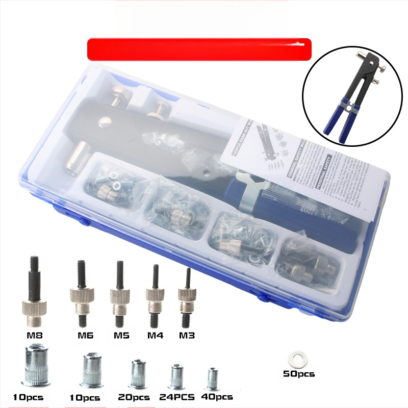 Ръчен пистолет за нитови гайки, 106-частен комплект, сплавна стомана, марка Rat