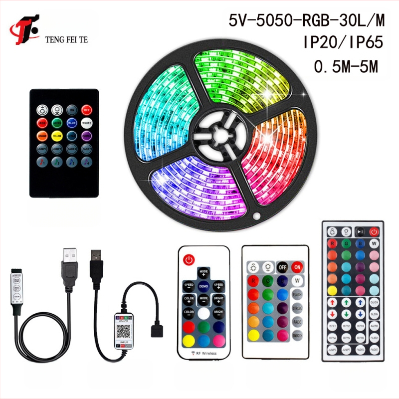 RGB LED juostelė su 30 LED 5050, įėjimo įtampa 5V, 24 mygtukų nuotolinio valdymo pultas ir Bluetooth programos valdymas, 120° spindulys