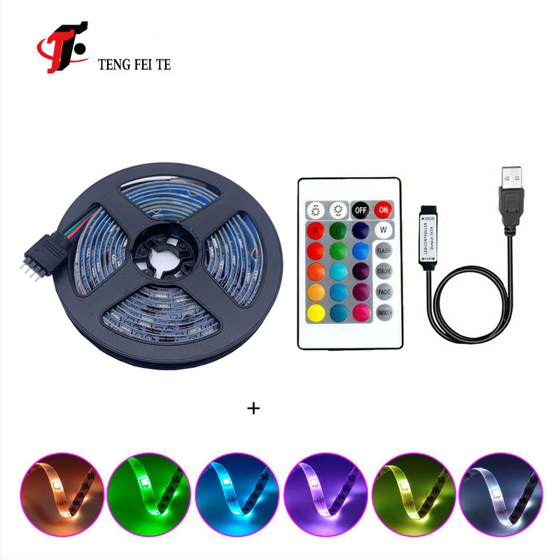 RGB LED juostelė su 30 LED 5050, įėjimo įtampa 5V, 24 mygtukų nuotolinio valdymo pultas ir Bluetooth programos valdymas, 120° spindulys