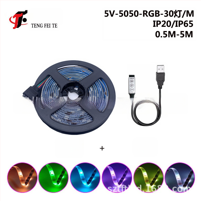 RGB LED juostelė su 30 LED 5050, įėjimo įtampa 5V, 24 mygtukų nuotolinio valdymo pultas ir Bluetooth programos valdymas, 120° spindulys