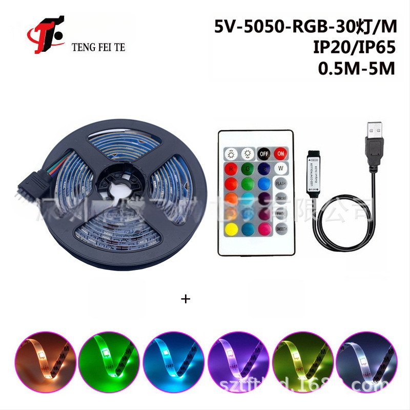 RGB LED juostelė su 30 LED 5050, įėjimo įtampa 5V, 24 mygtukų nuotolinio valdymo pultas ir Bluetooth programos valdymas, 120° spindulys