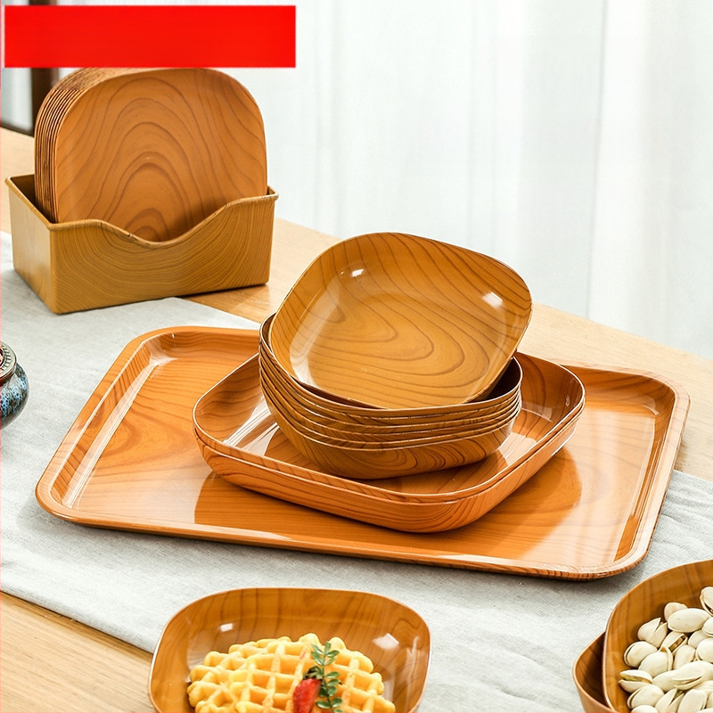 Пластмасова квадратна тава за закуски с имитация на дърво, микровълнова безопасна, за сушени плодове и лакомства