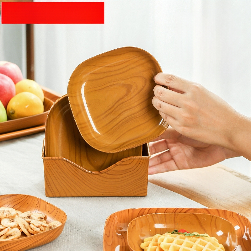 Пластмасова квадратна тава за закуски с имитация на дърво, микровълнова безопасна, за сушени плодове и лакомства