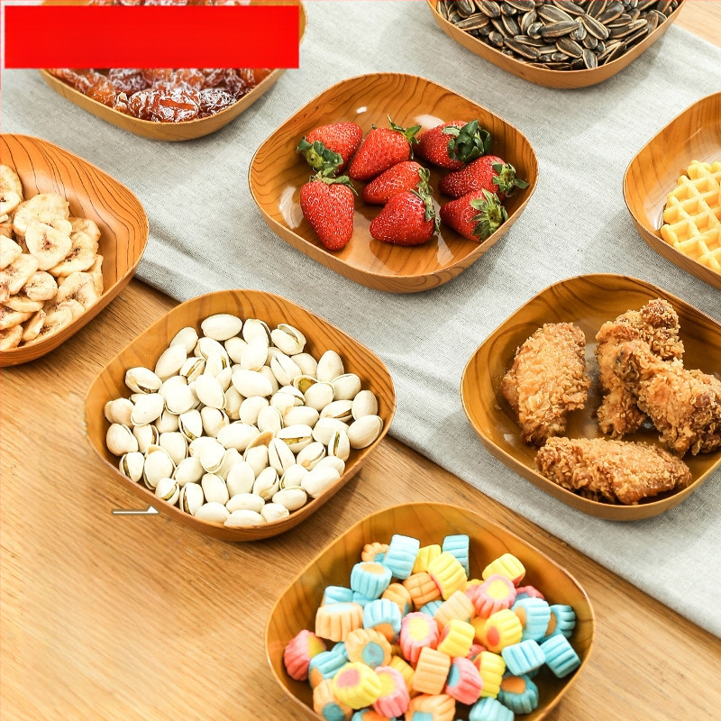 Пластмасова квадратна тава за закуски с имитация на дърво, микровълнова безопасна, за сушени плодове и лакомства