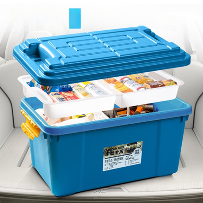 Automobilio vidaus saugojimo dėžė, dviejų lygių dizainas, 50 L talpa, polipropilenas, paprastas modernus stilius, montavimas nereikalingas