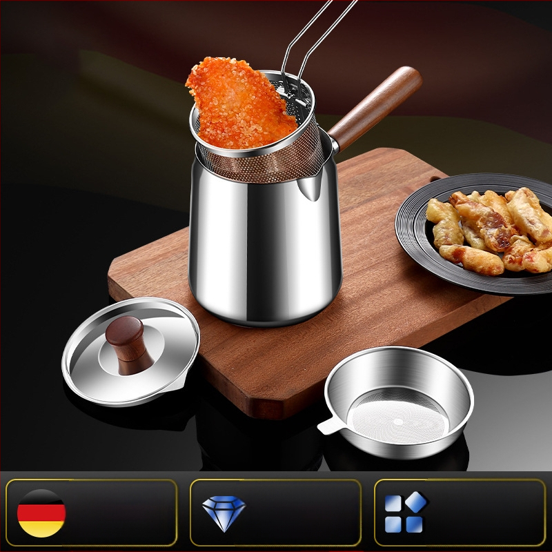 Valriekšto medžio ir 304 nerūdijančio plieno izoliuota kepimo keptuvė su fritūros krepšiu ir 304 plieno dangčiu, išorinis kepimo indas su sudėtingu dugnu, kepimui ir filtravimui, šiuolaikiškas minimalistinis stilius