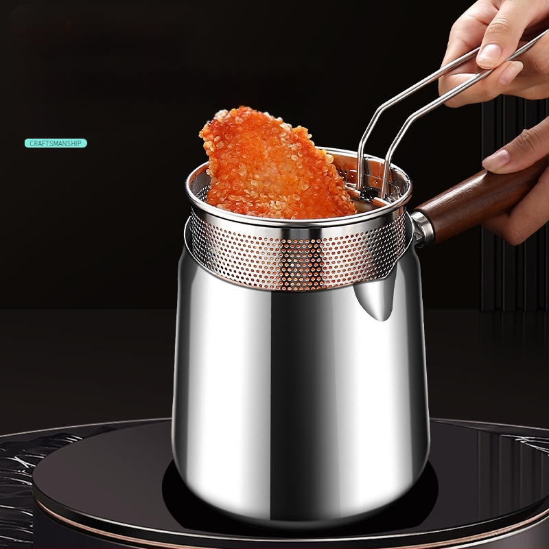 Valriekšto medžio ir 304 nerūdijančio plieno izoliuota kepimo keptuvė su fritūros krepšiu ir 304 plieno dangčiu, išorinis kepimo indas su sudėtingu dugnu, kepimui ir filtravimui, šiuolaikiškas minimalistinis stilius