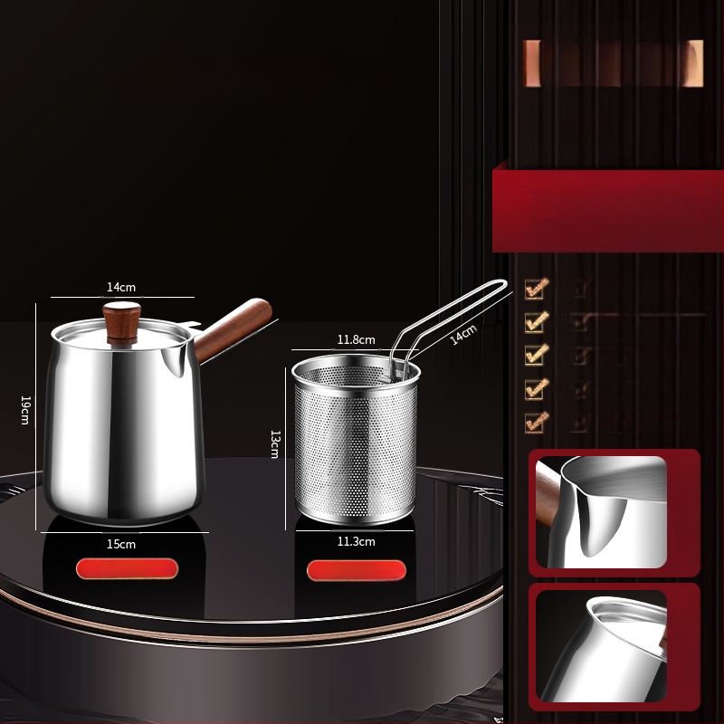 Valriekšto medžio ir 304 nerūdijančio plieno izoliuota kepimo keptuvė su fritūros krepšiu ir 304 plieno dangčiu, išorinis kepimo indas su sudėtingu dugnu, kepimui ir filtravimui, šiuolaikiškas minimalistinis stilius