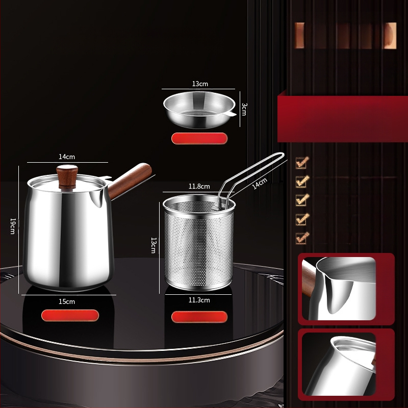 Valriekšto medžio ir 304 nerūdijančio plieno izoliuota kepimo keptuvė su fritūros krepšiu ir 304 plieno dangčiu, išorinis kepimo indas su sudėtingu dugnu, kepimui ir filtravimui, šiuolaikiškas minimalistinis stilius