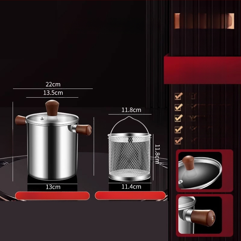 Valriekšto medžio ir 304 nerūdijančio plieno izoliuota kepimo keptuvė su fritūros krepšiu ir 304 plieno dangčiu, išorinis kepimo indas su sudėtingu dugnu, kepimui ir filtravimui, šiuolaikiškas minimalistinis stilius