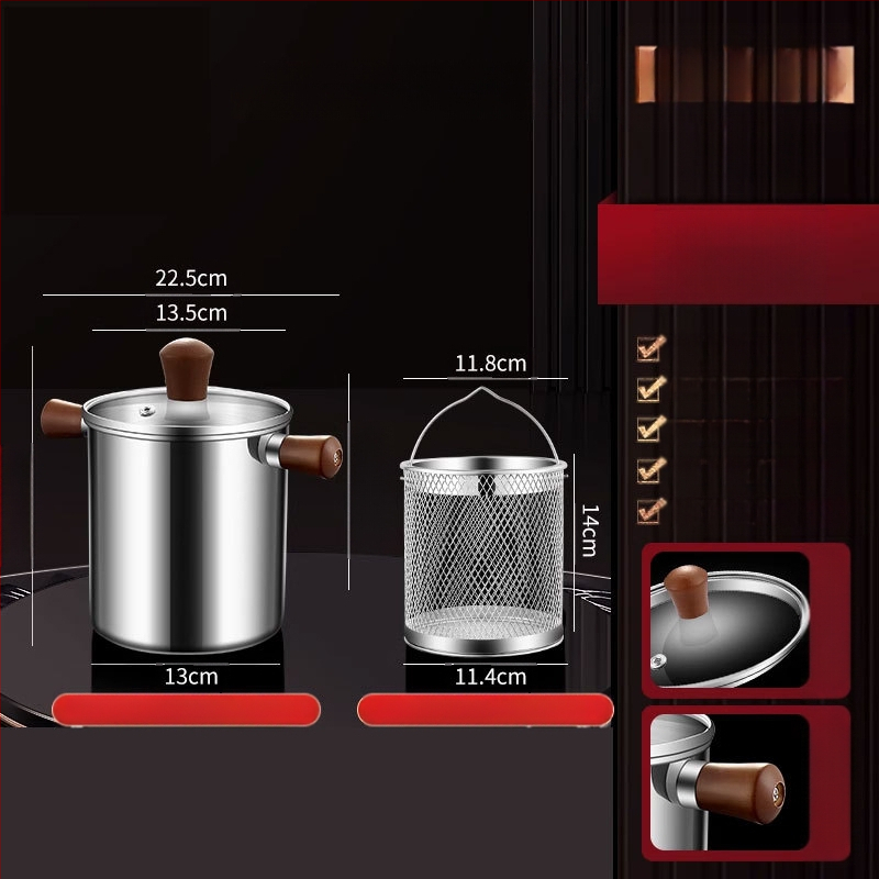 Valriekšto medžio ir 304 nerūdijančio plieno izoliuota kepimo keptuvė su fritūros krepšiu ir 304 plieno dangčiu, išorinis kepimo indas su sudėtingu dugnu, kepimui ir filtravimui, šiuolaikiškas minimalistinis stilius