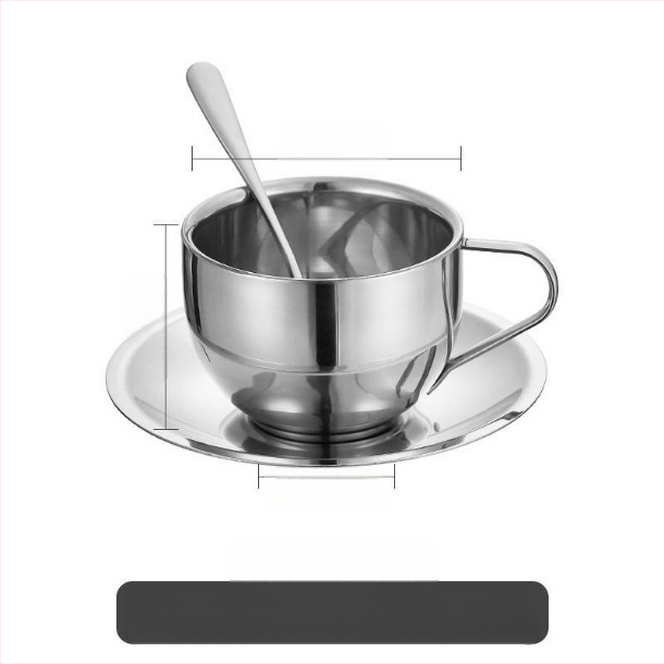 Trys kavos puodelių rinkinys iš 304 nerūdijančio plieno, dvigubos sienos izoliacija, su šaukštų padėklu, biurui ar kavinėms