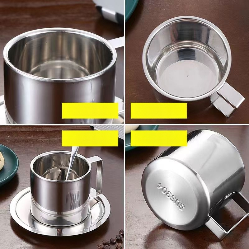 Trys kavos puodelių rinkinys iš 304 nerūdijančio plieno, dvigubos sienos izoliacija, su šaukštų padėklu, biurui ar kavinėms