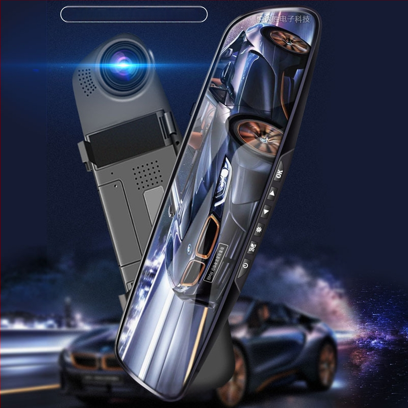 Divlēcīgs auto DVR atpakaļskata spogulim – priekšējais un aizmugurējais ieraksts, 4,3 collu ekrāns, 720p, 90° skata leņķis, TF karte līdz 32 GB, 12V barošana, uzstādāms uz atpakaļskata spoguli