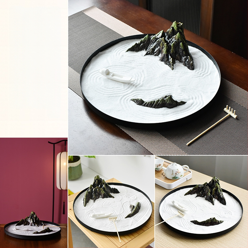 Κυκλικό ζεν τραπεζάκι άμμου από κεραμικό, ιαπωνικού στυλ, επιτραπέζια διακόσμηση με μεταλλικά στοιχεία