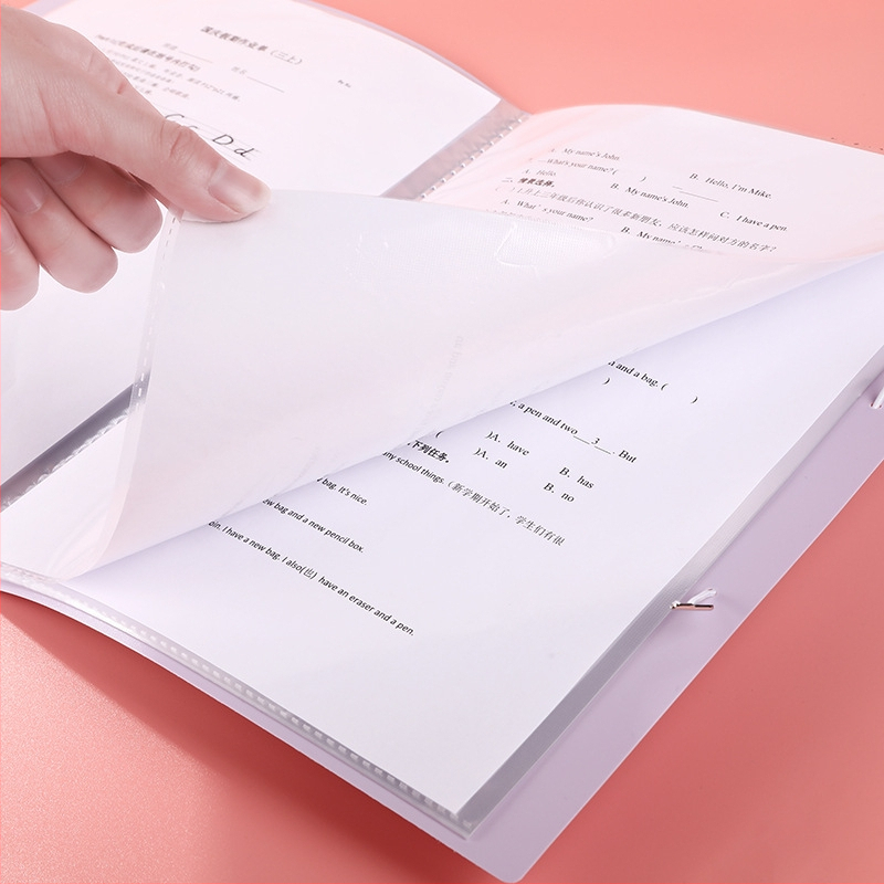 Διαφανής φάκελος PP με κούμπωμα για έγγραφα και διαγωνίσματα μαθητών, με σελίδες εισαγωγής, ταξινόμηση και αποθήκευση; Εκτυπωμένο λογότυπο; Πάχος 80C; Αριθμός σελίδων: 30/60/80/100; IP άδεια: Όχι.