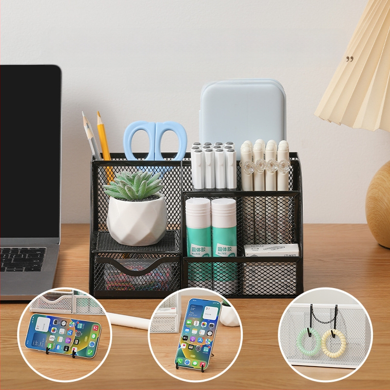 Septiņnodalījumu metāla pildspalvu turētājs ar režģa tērauda virsmu darbam pie galda, pielāgošana pieejama