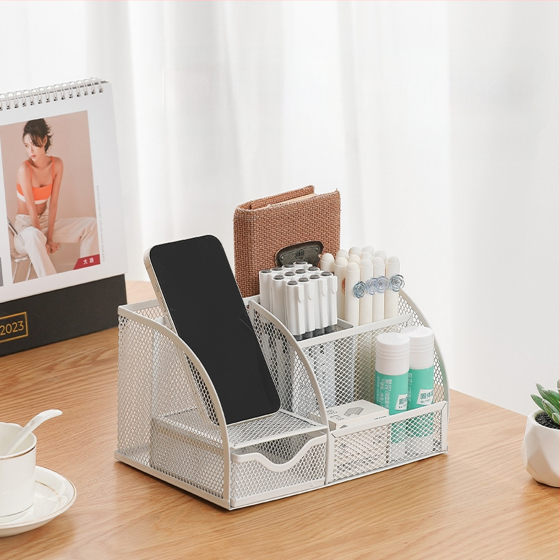 Septiņnodalījumu metāla pildspalvu turētājs ar režģa tērauda virsmu darbam pie galda, pielāgošana pieejama