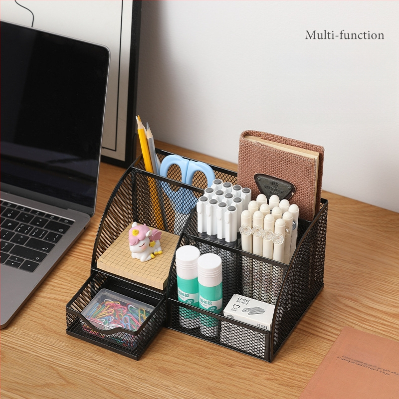 Septiņnodalījumu metāla pildspalvu turētājs ar režģa tērauda virsmu darbam pie galda, pielāgošana pieejama