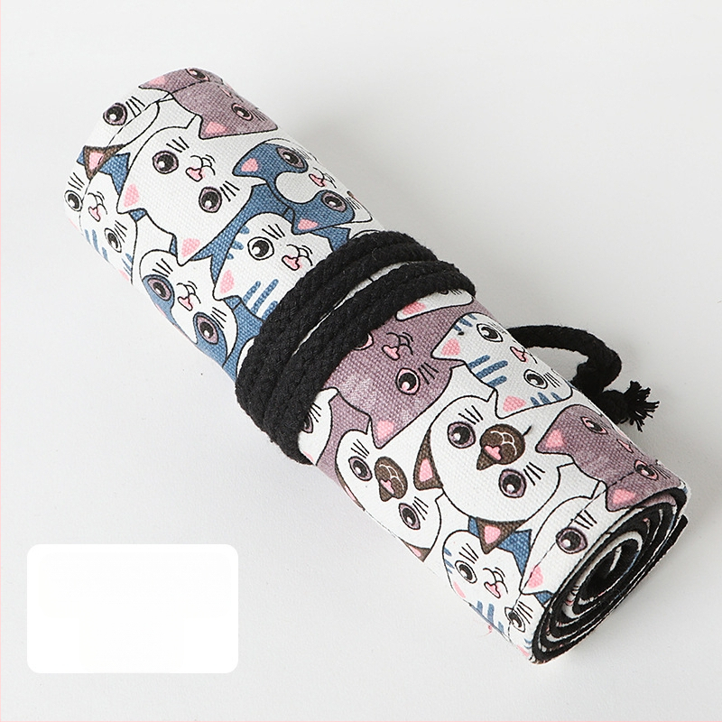 Audinių pieštukų ritinėlis su spauda Big Head Cat, 12/24/36/48/72 skylės, kvadratinio stiliaus audinys