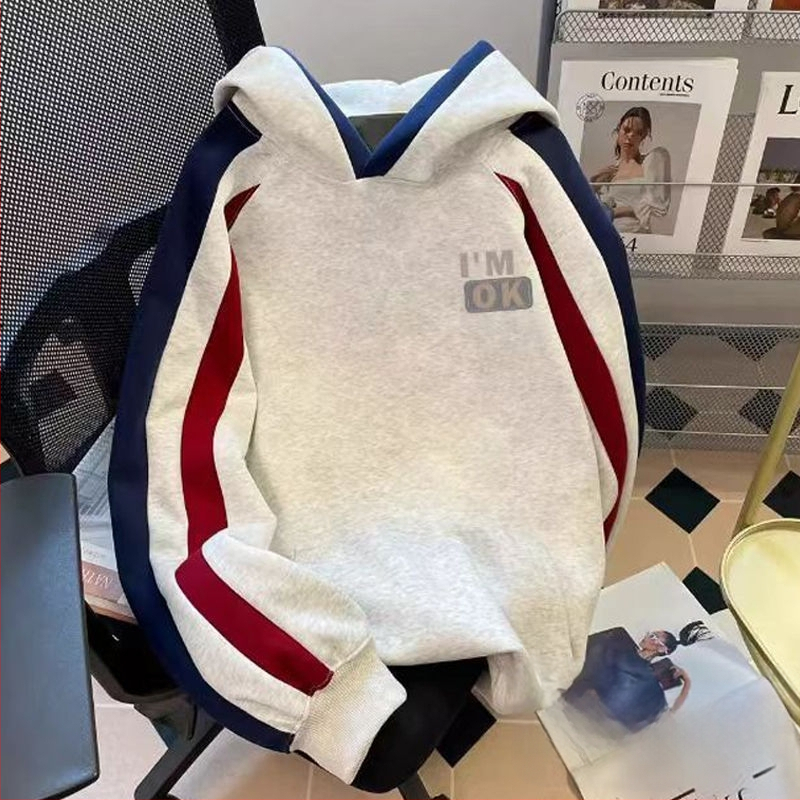 Κορεατικού στυλ πουλόβερ από βαμβάκι 96%+, εκτύπωση με γράμματα και πατσογουορκ, μακριά μανίκια, φαρδιά γραμμή