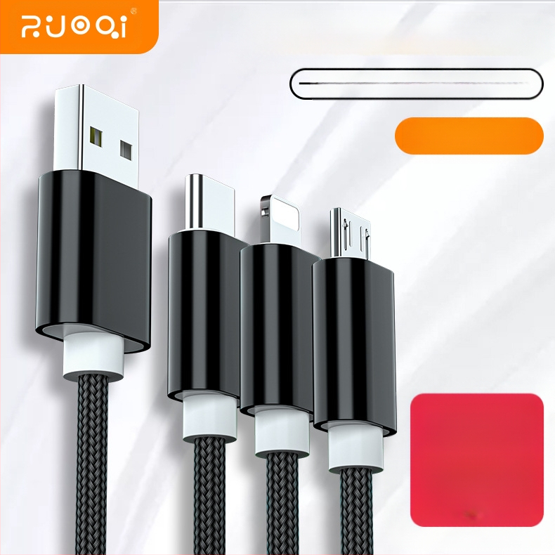 Prepletený dátový a nabíjací kábel s 1–3 vetvami, 2.4A rýchle nabíjanie, dĺžka 1 m, rozhrania Lightning, Micro USB a Type-C, max. výkon 12W