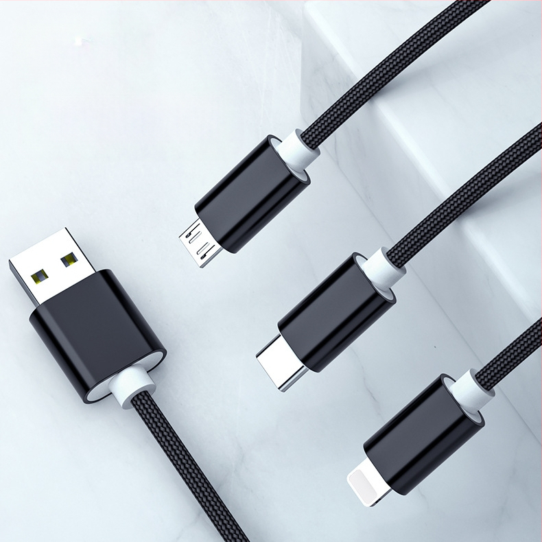 Prepletený dátový a nabíjací kábel s 1–3 vetvami, 2.4A rýchle nabíjanie, dĺžka 1 m, rozhrania Lightning, Micro USB a Type-C, max. výkon 12W