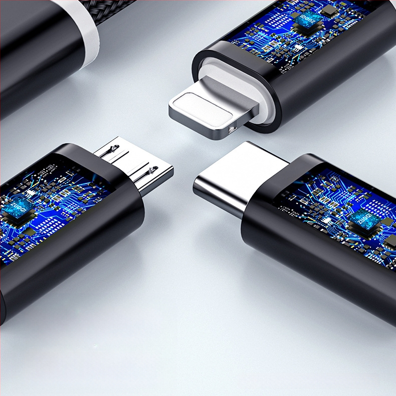 Prepletený dátový a nabíjací kábel s 1–3 vetvami, 2.4A rýchle nabíjanie, dĺžka 1 m, rozhrania Lightning, Micro USB a Type-C, max. výkon 12W