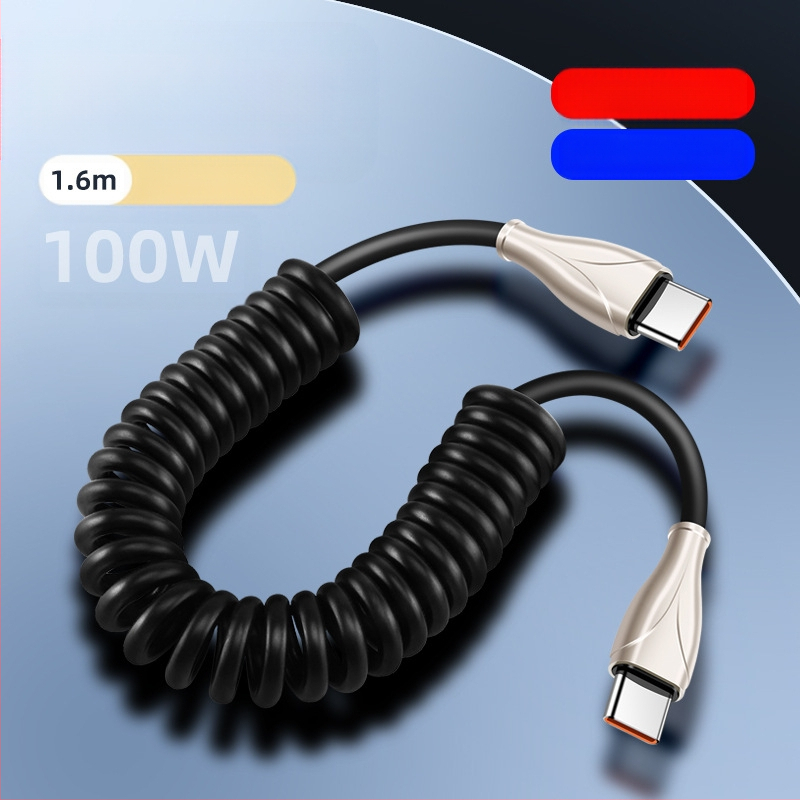 Type-C αυτοκινητικό καλώδιο φόρτισης με ελατήριο, κατάλληλο για αυτοκίνητα και μοτοσικλέτες, 100W γρήγορη φόρτιση, 6A, TPE